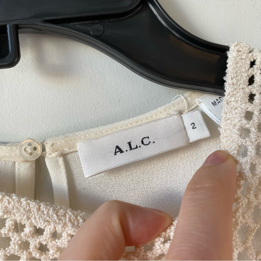 A.L.C. Sian Long Sleeve‎ Crepe Blouse Silk Honeycomb Crochet Net Ivory 2 - Picture 4 of 8
